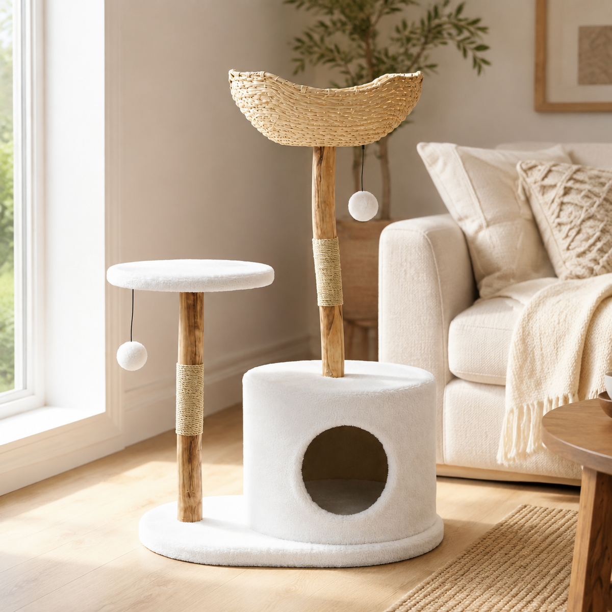 Arbre à chat design en bois et rotin