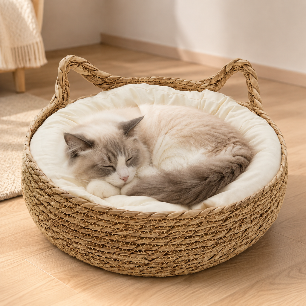 Panier en osier pour chat avec coussin rembourré