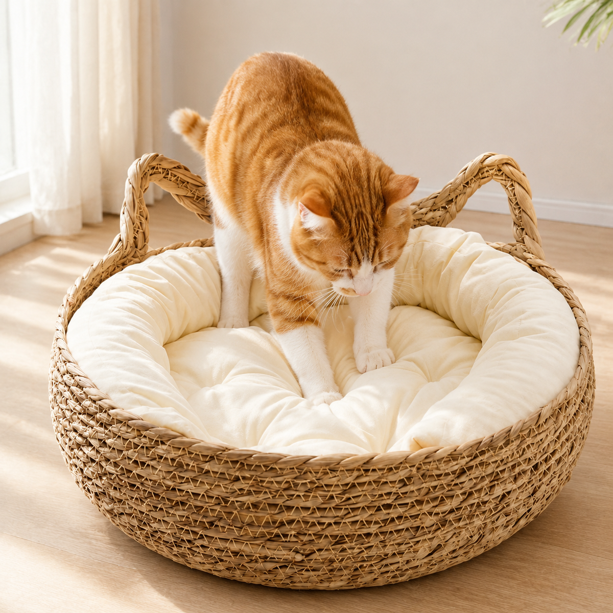 Panier en osier pour chat avec coussin rembourré