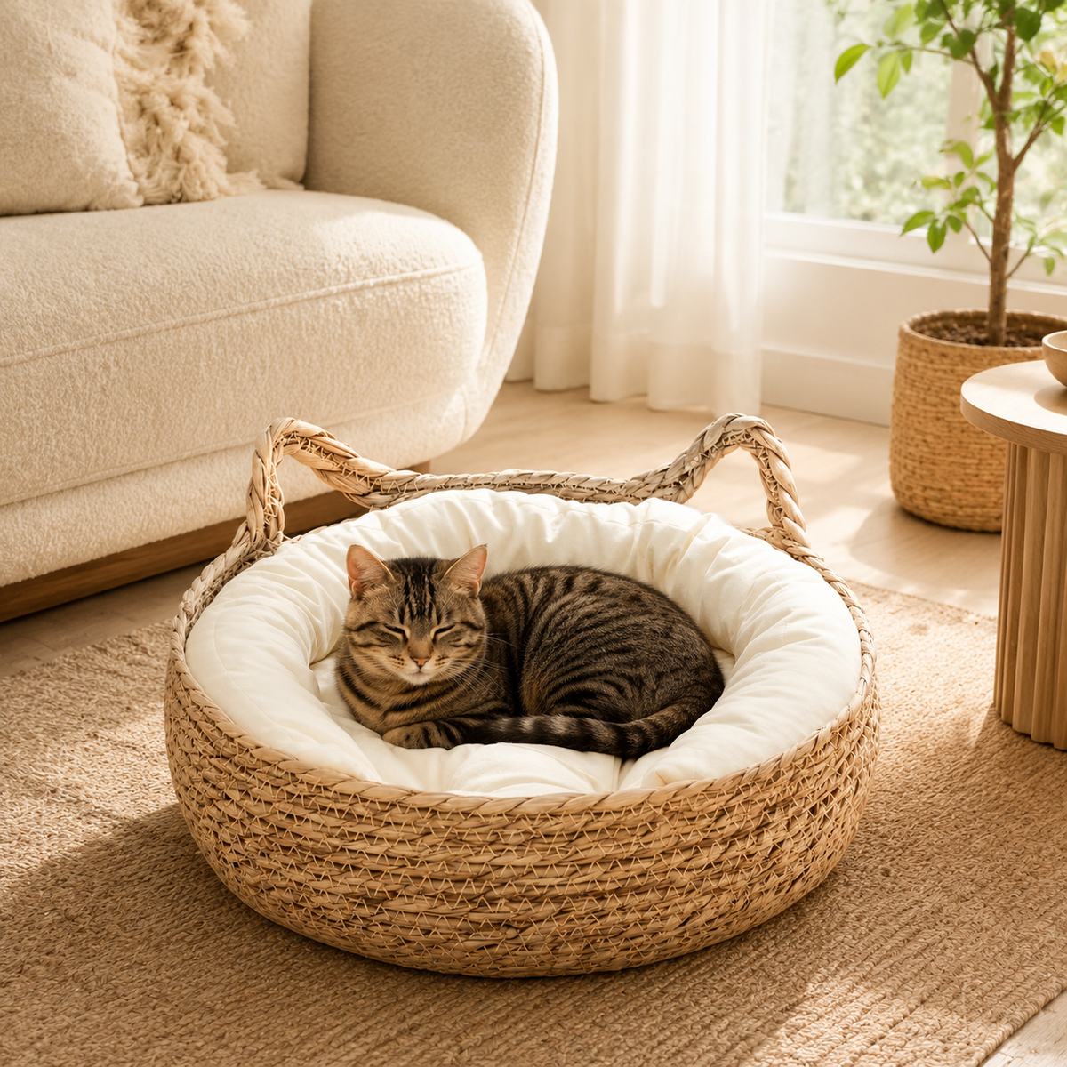 Panier en osier pour chat avec coussin rembourré