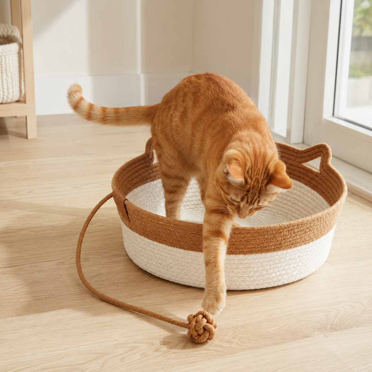 Panier en osier pour chat avec jouet intégré