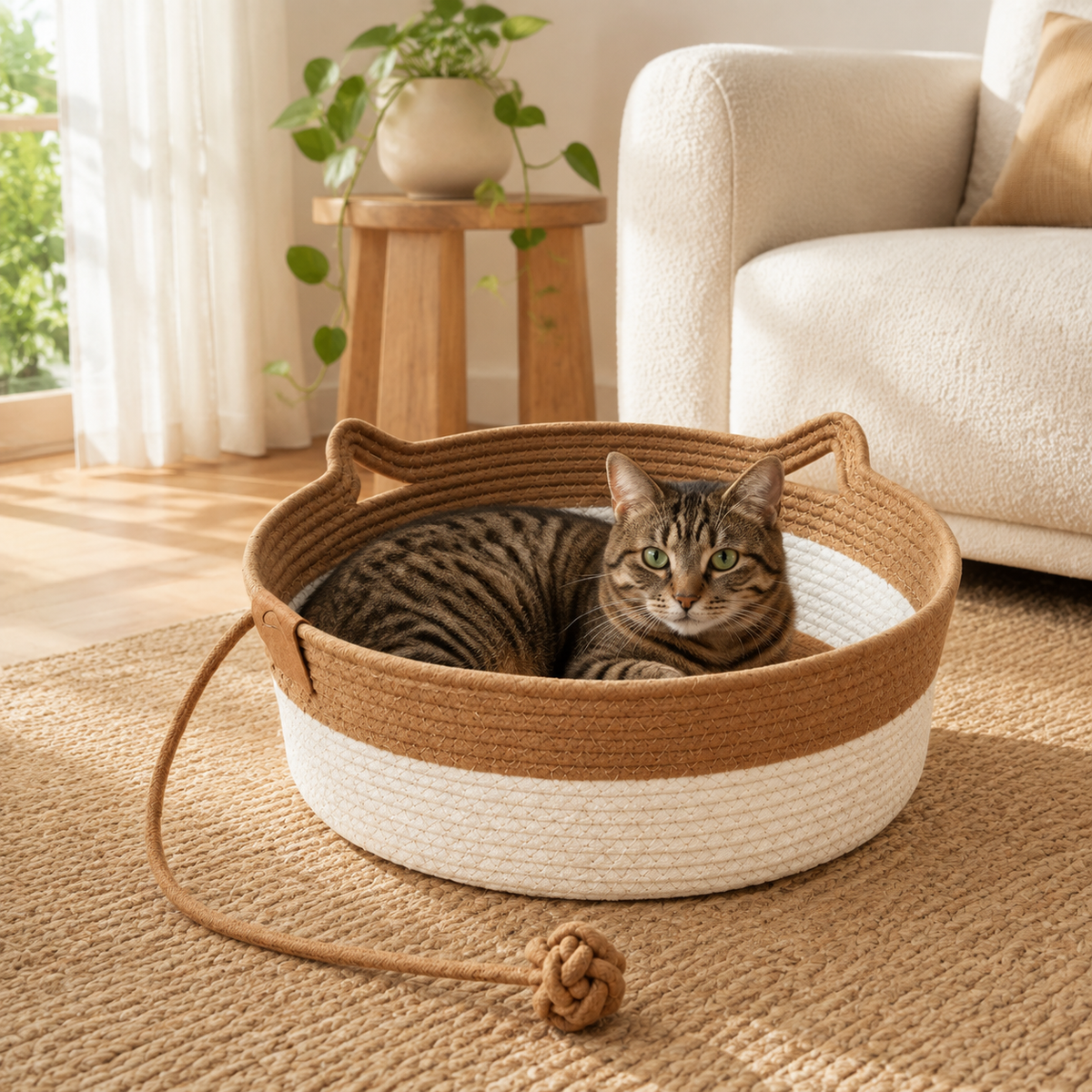 Panier en osier pour chat avec jouet intégré