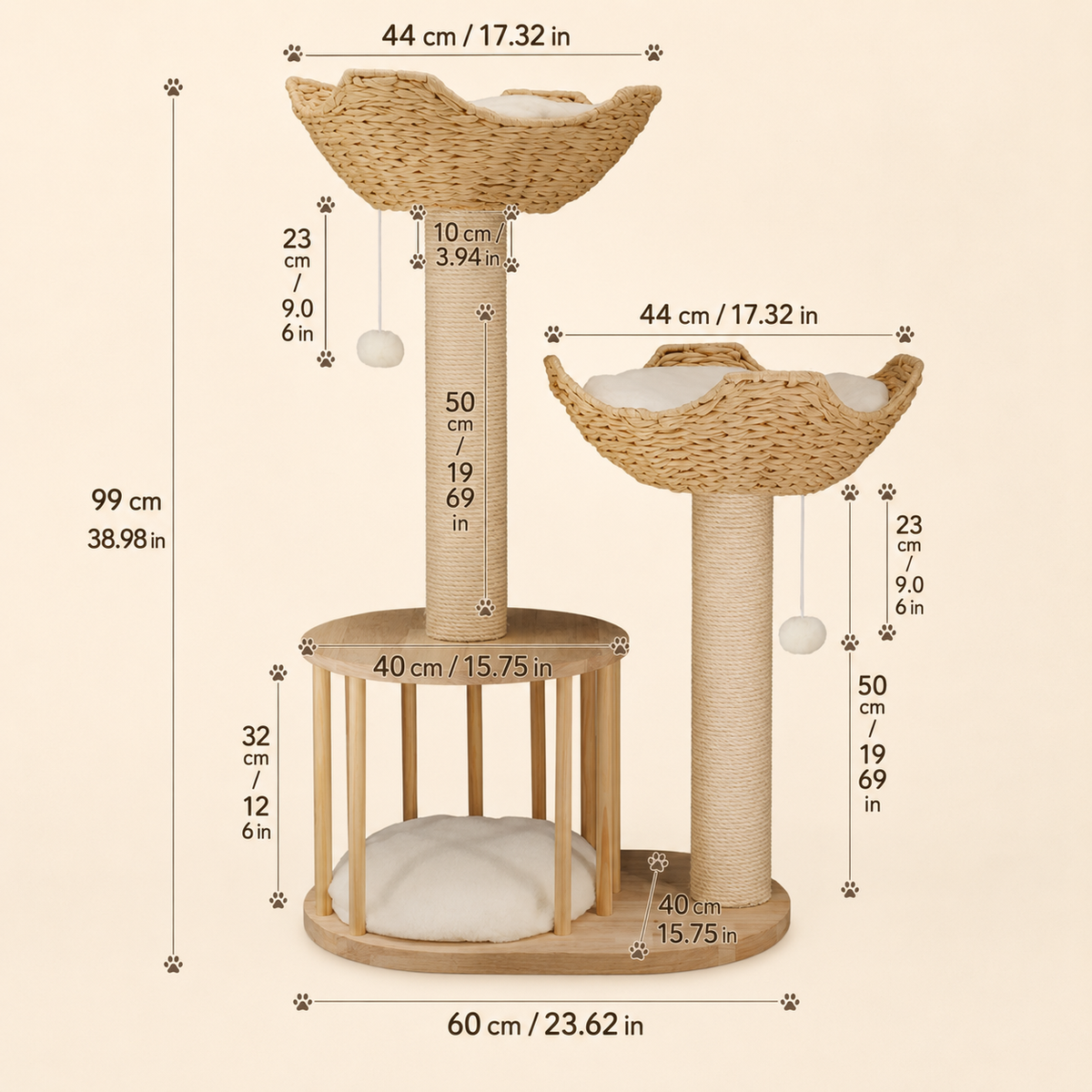 Arbre à chat design à 3 niveaux avec paniers tressés
