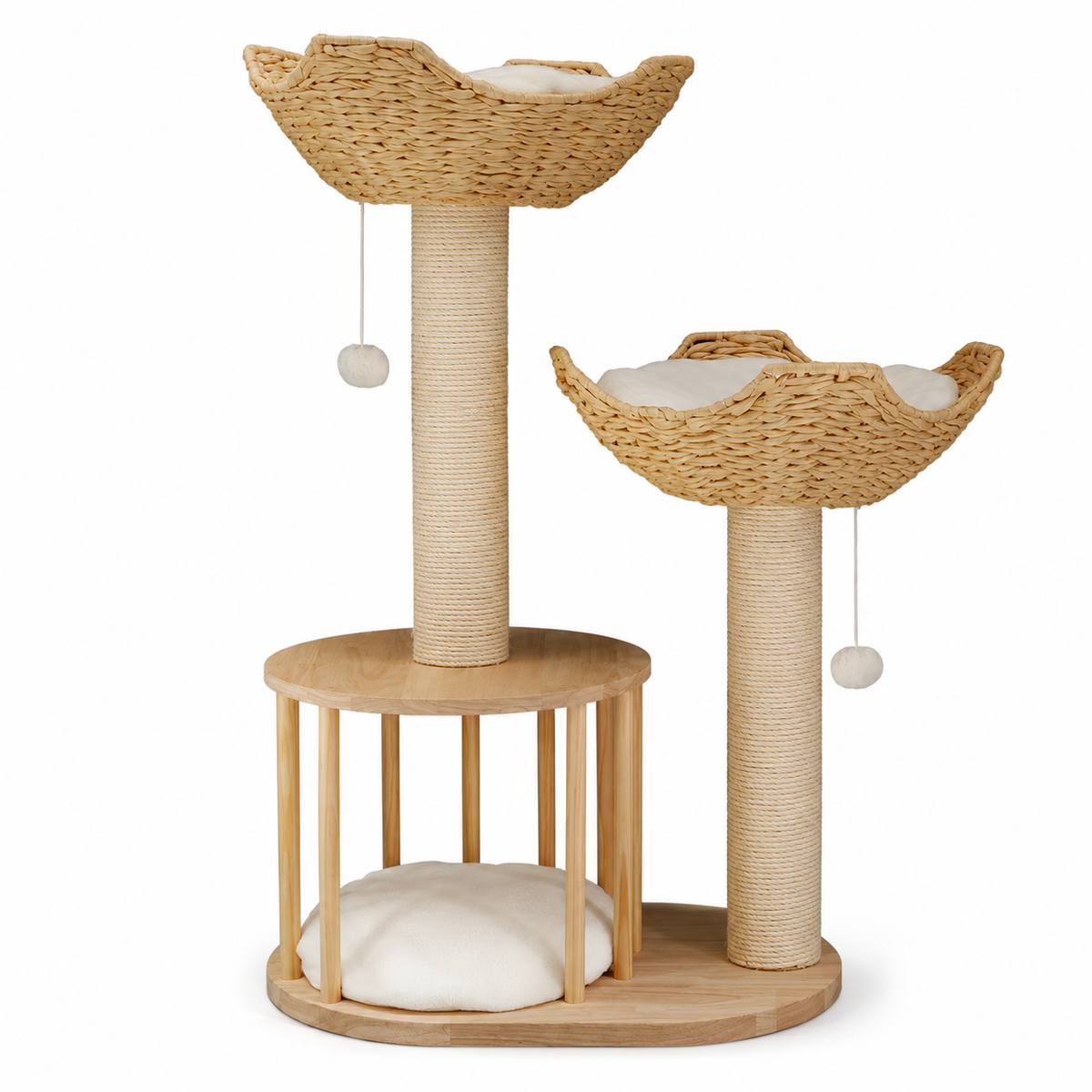 Arbre à chat design à 3 niveaux avec paniers tressés