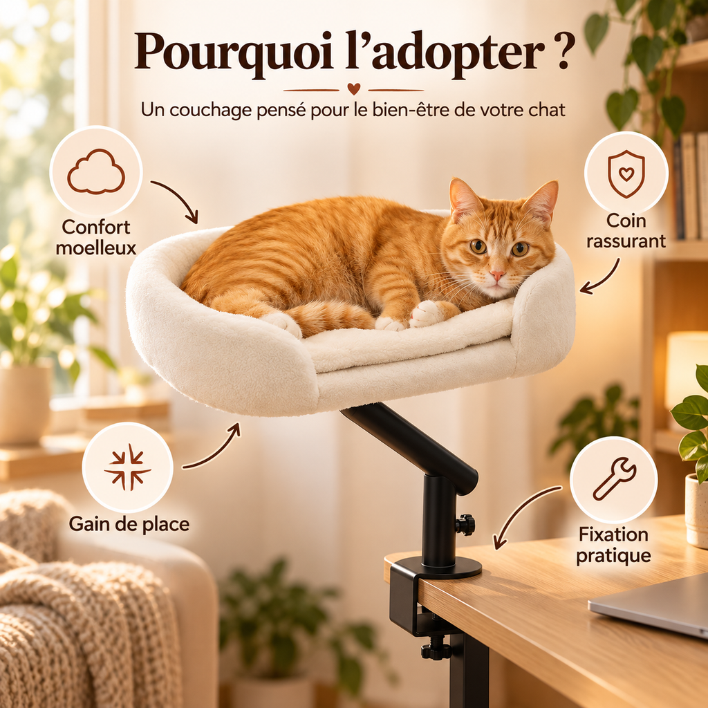 Lit surélevé pour chat à fixer au bureau