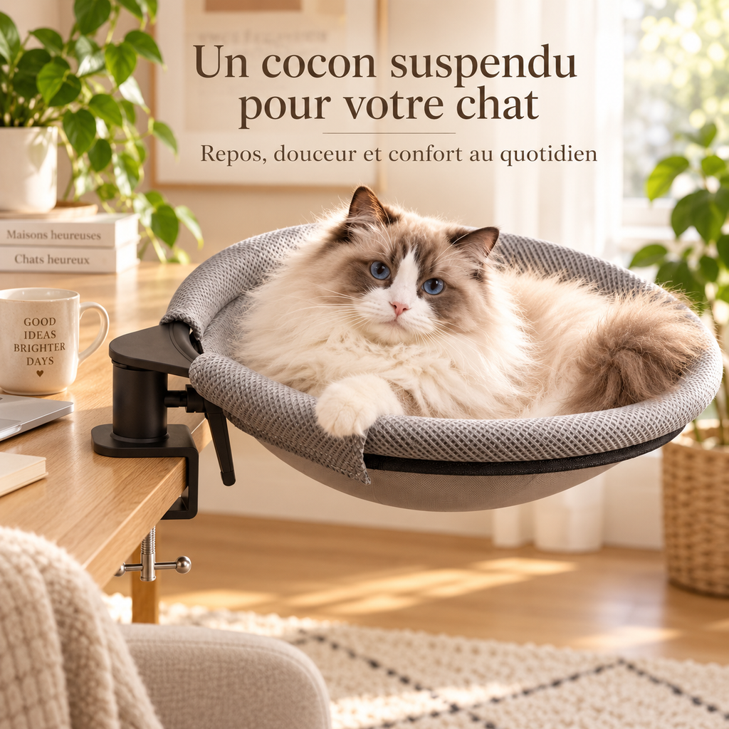 Hamac rotatif pour chat à fixer au bureau avec 2 tapis