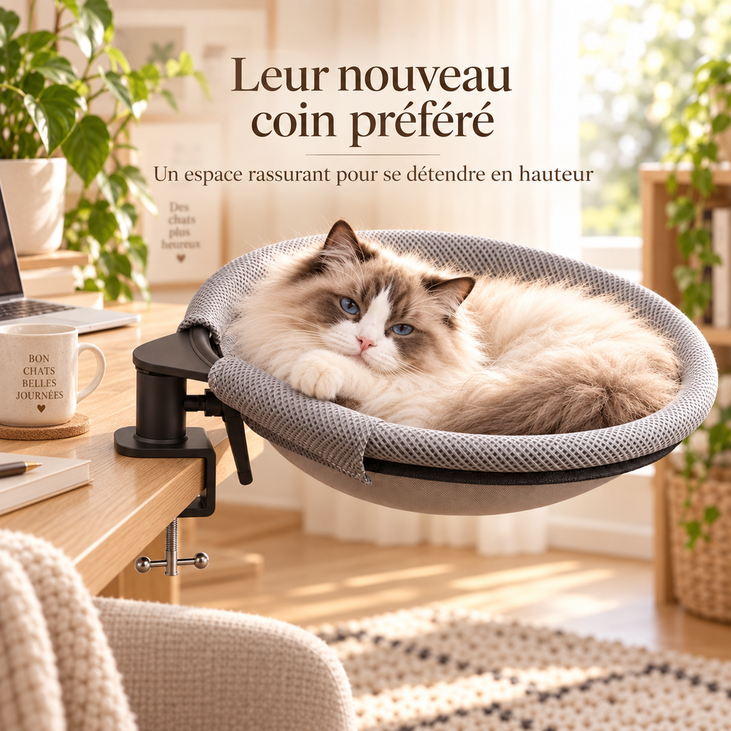 Hamac rotatif pour chat à fixer au bureau avec 2 tapis