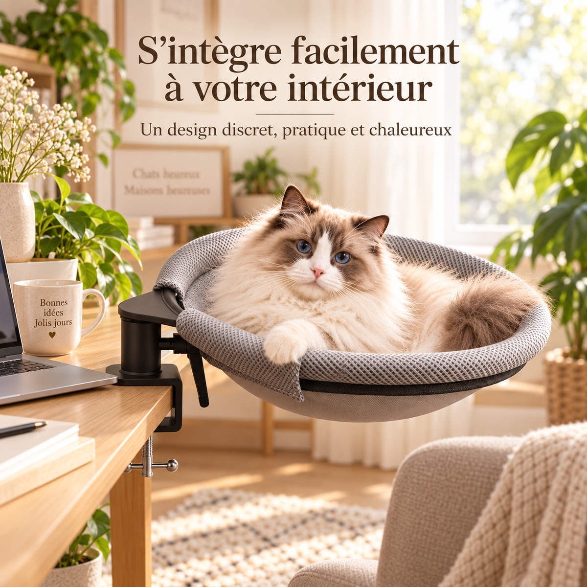 Hamac rotatif pour chat à fixer au bureau avec 2 tapis