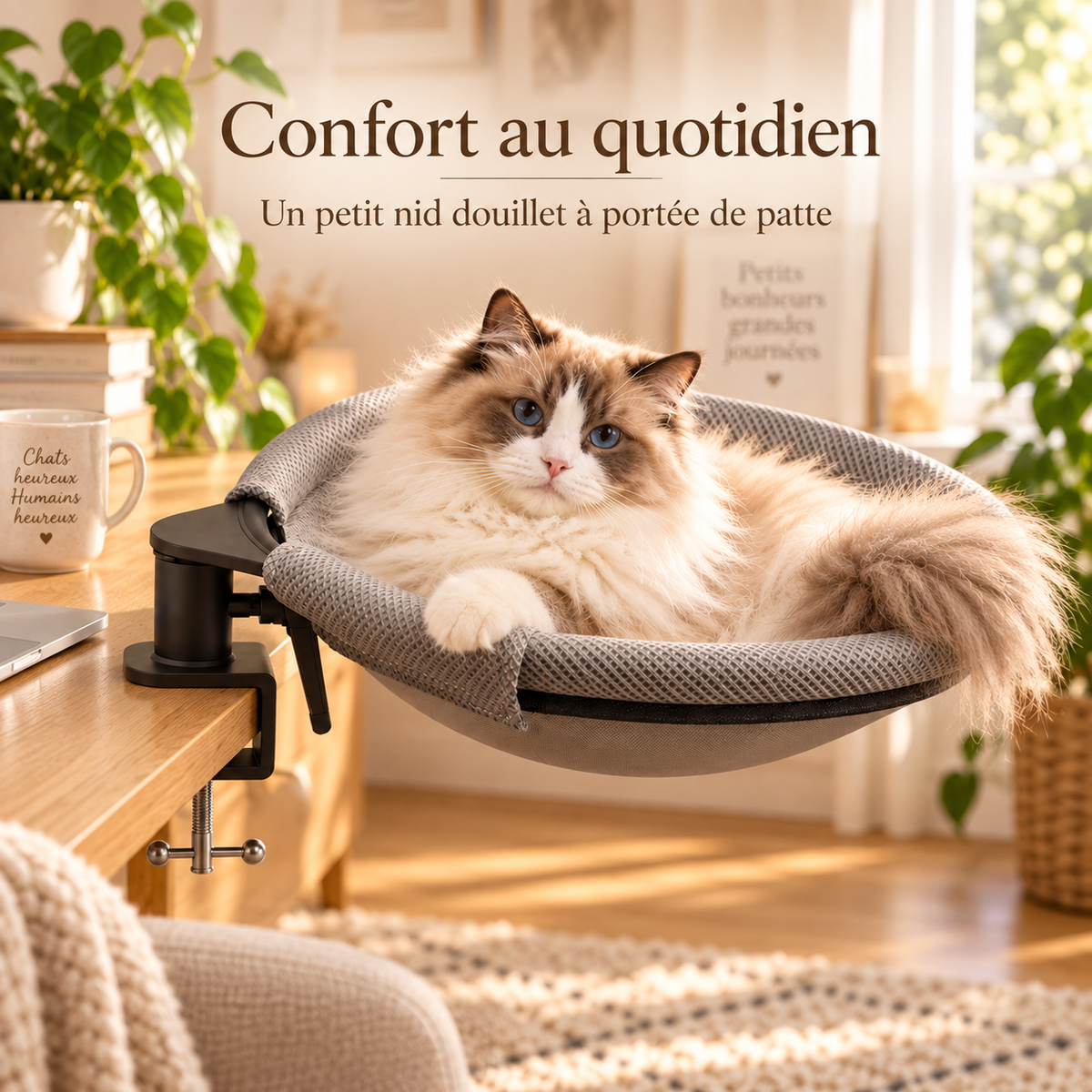 Hamac rotatif pour chat à fixer au bureau avec 2 tapis