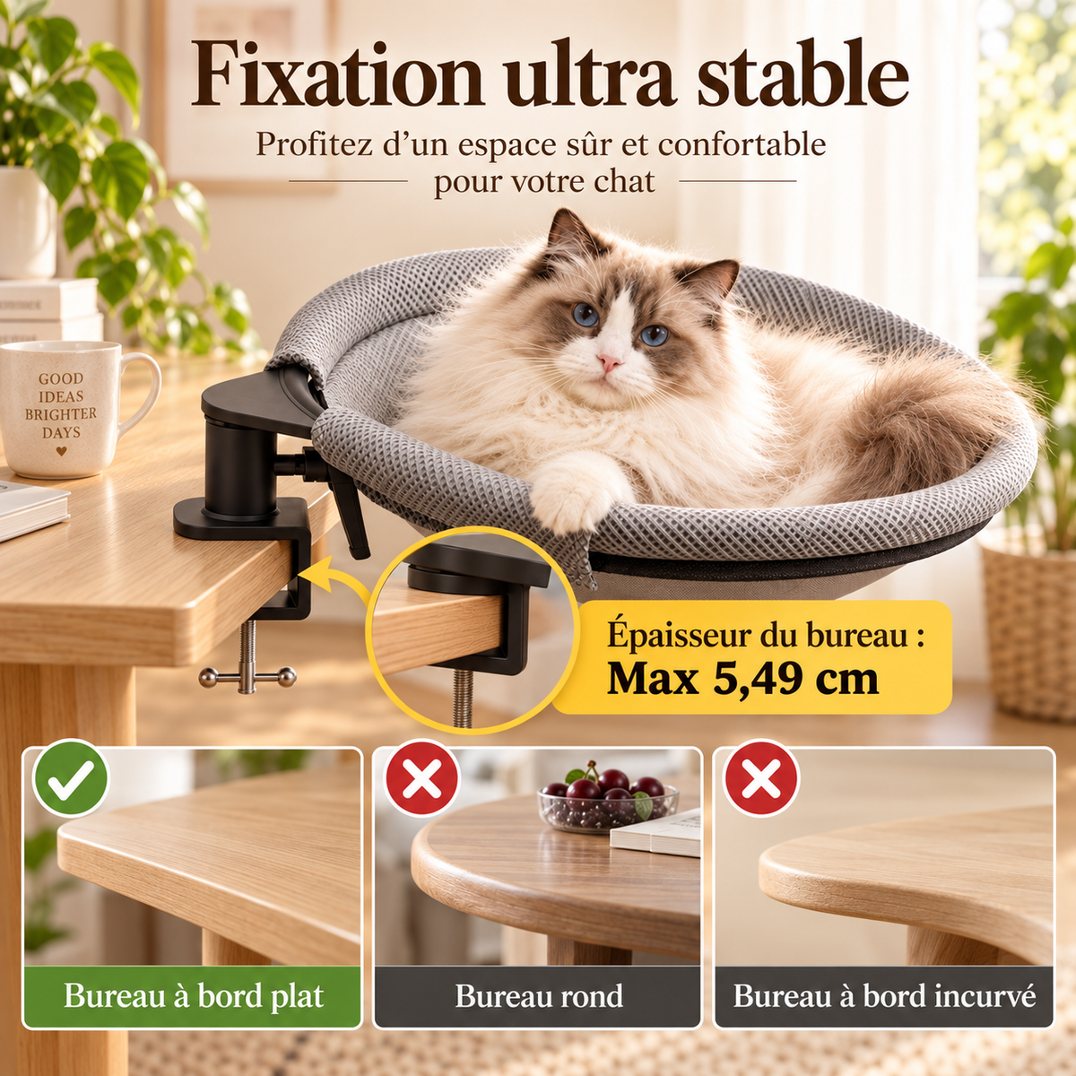 Hamac rotatif pour chat à fixer au bureau avec 2 tapis