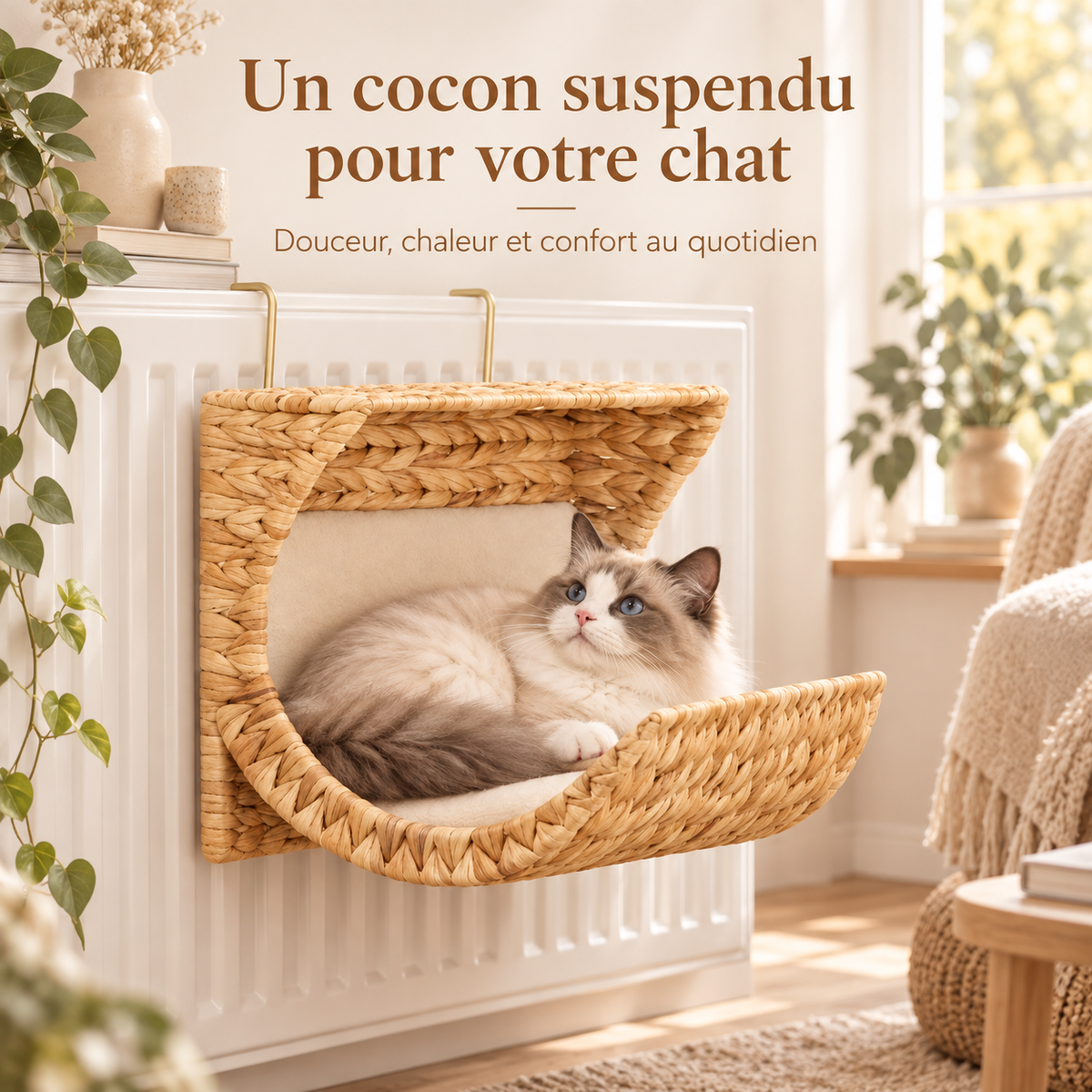 Hamac de radiateur en jacinthe tressée pour chat avec coussin