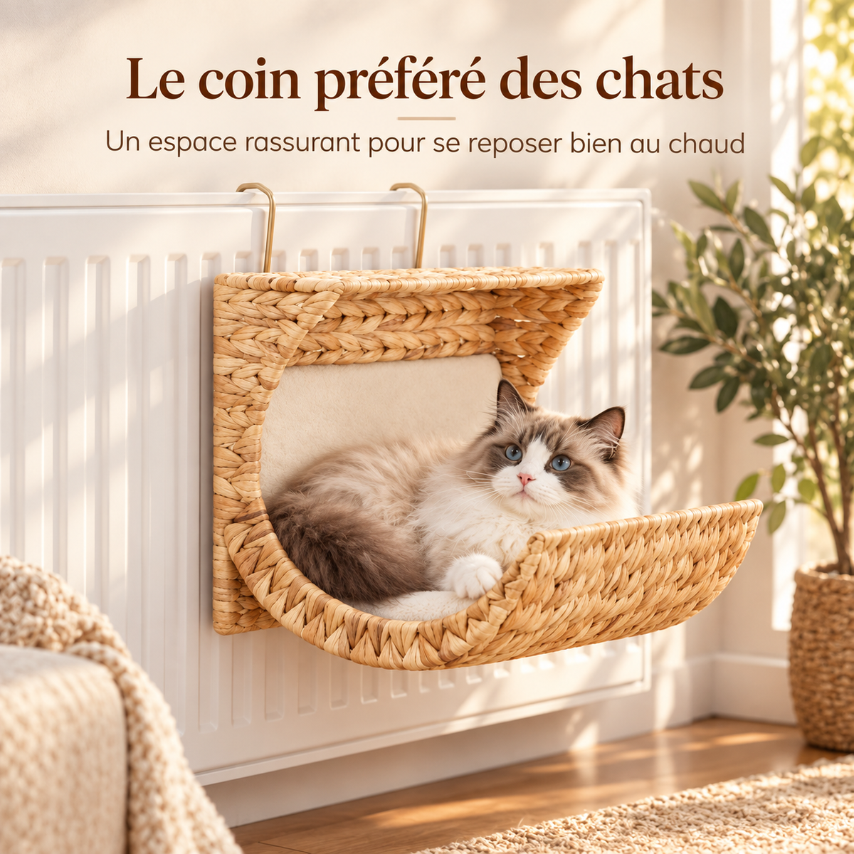 Hamac de radiateur en jacinthe tressée pour chat avec coussin
