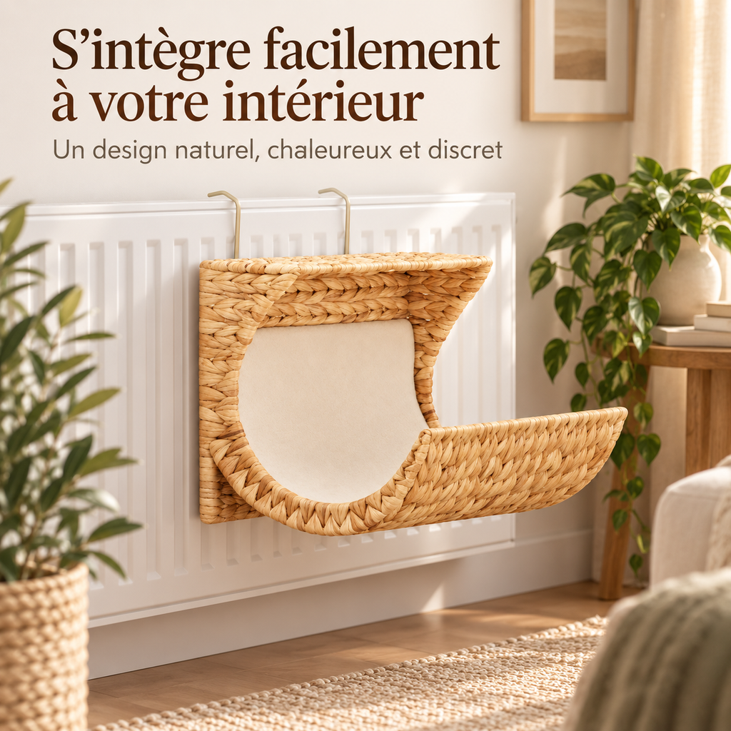Hamac de radiateur en jacinthe tressée pour chat avec coussin