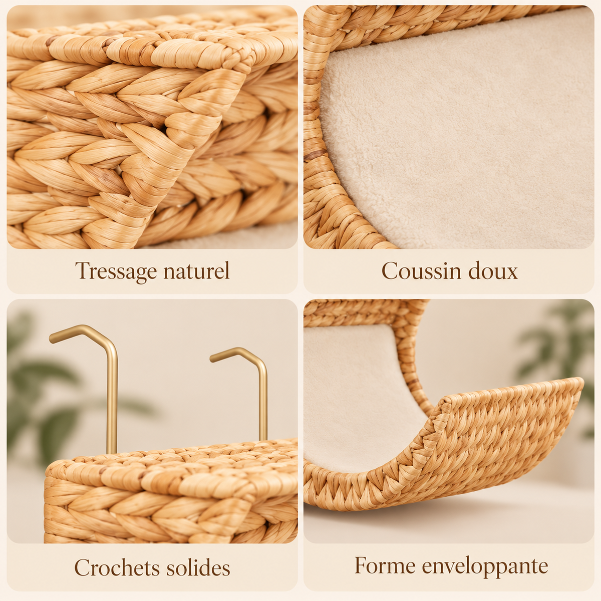 Hamac de radiateur en jacinthe tressée pour chat avec coussin
