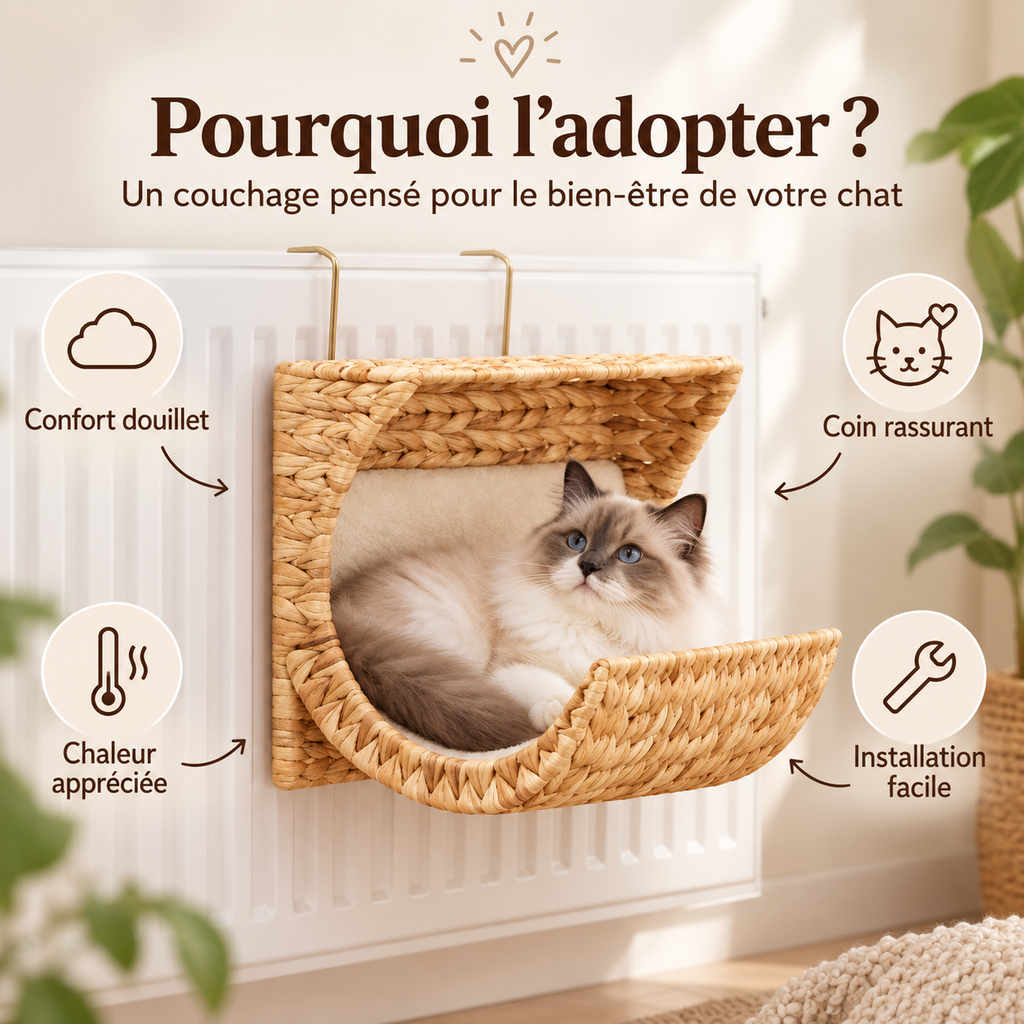 Hamac de radiateur en jacinthe tressée pour chat avec coussin
