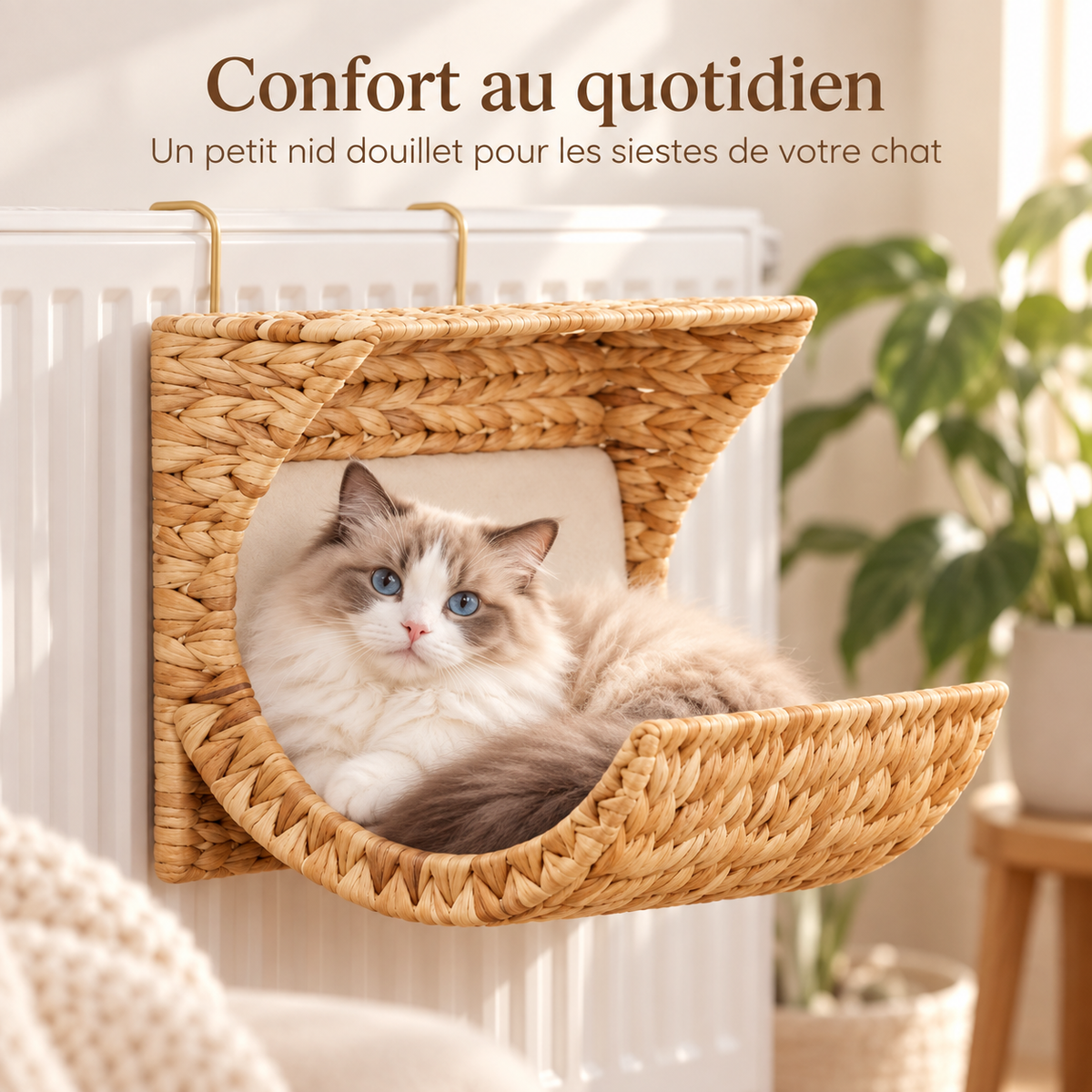 Hamac de radiateur en jacinthe tressée pour chat avec coussin