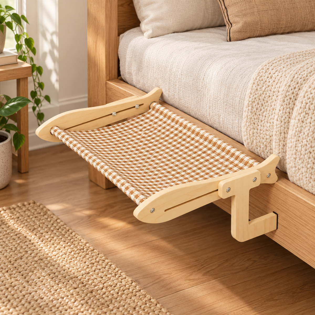 Lit suspendu en bois pour chat avec hamac en coton