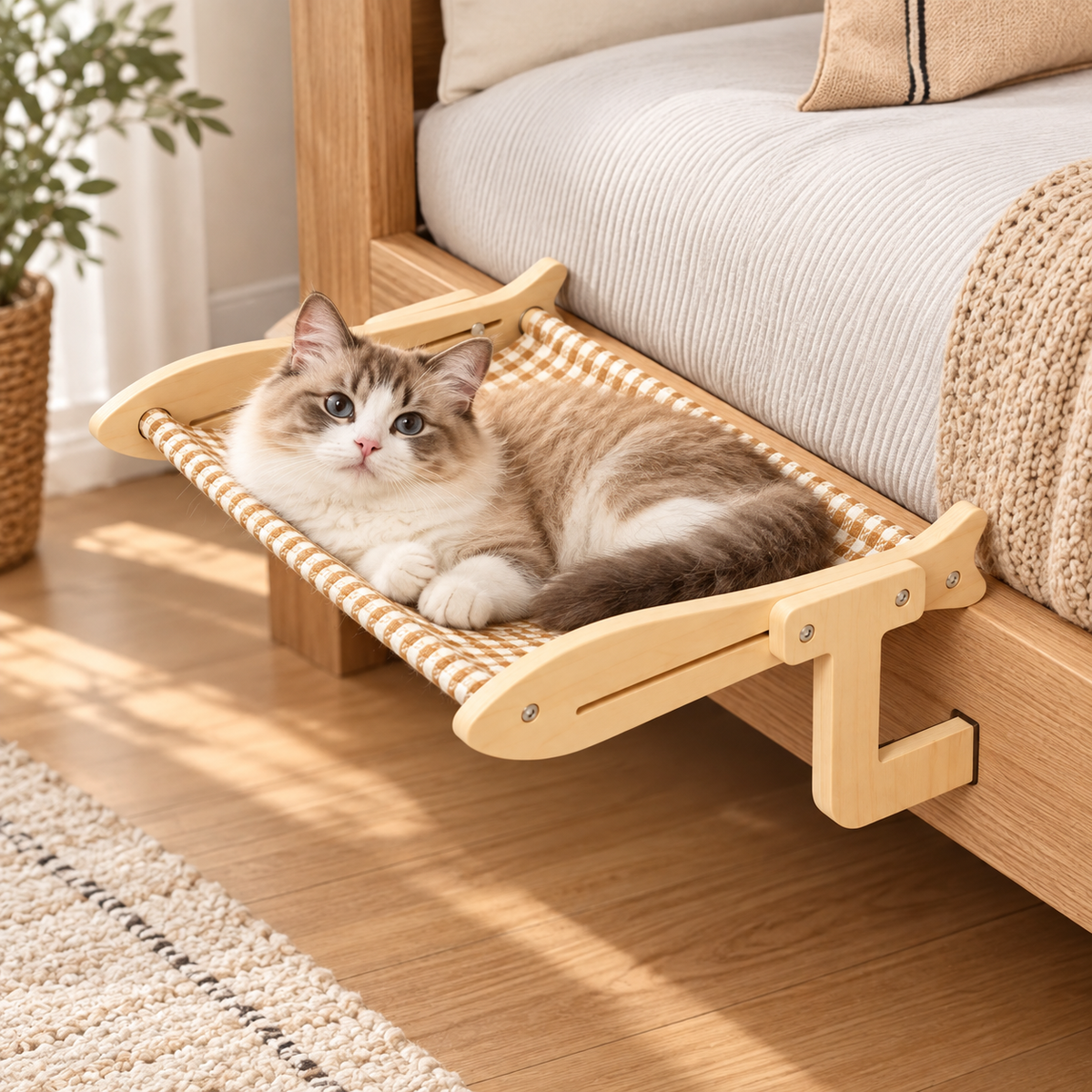 Lit suspendu en bois pour chat avec hamac en coton
