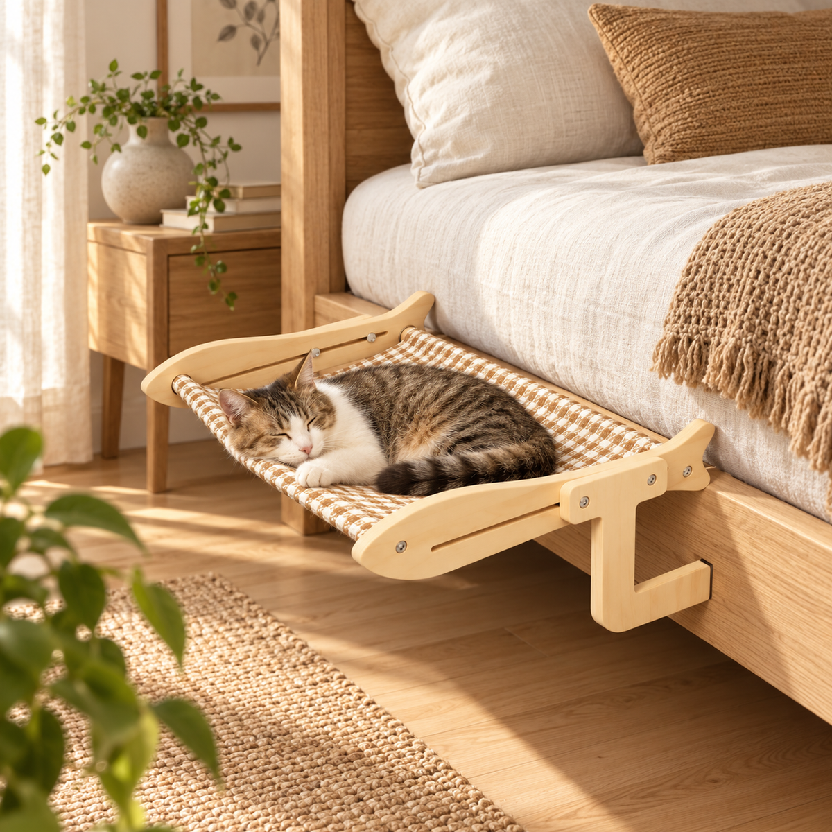 Lit suspendu en bois pour chat avec hamac en coton