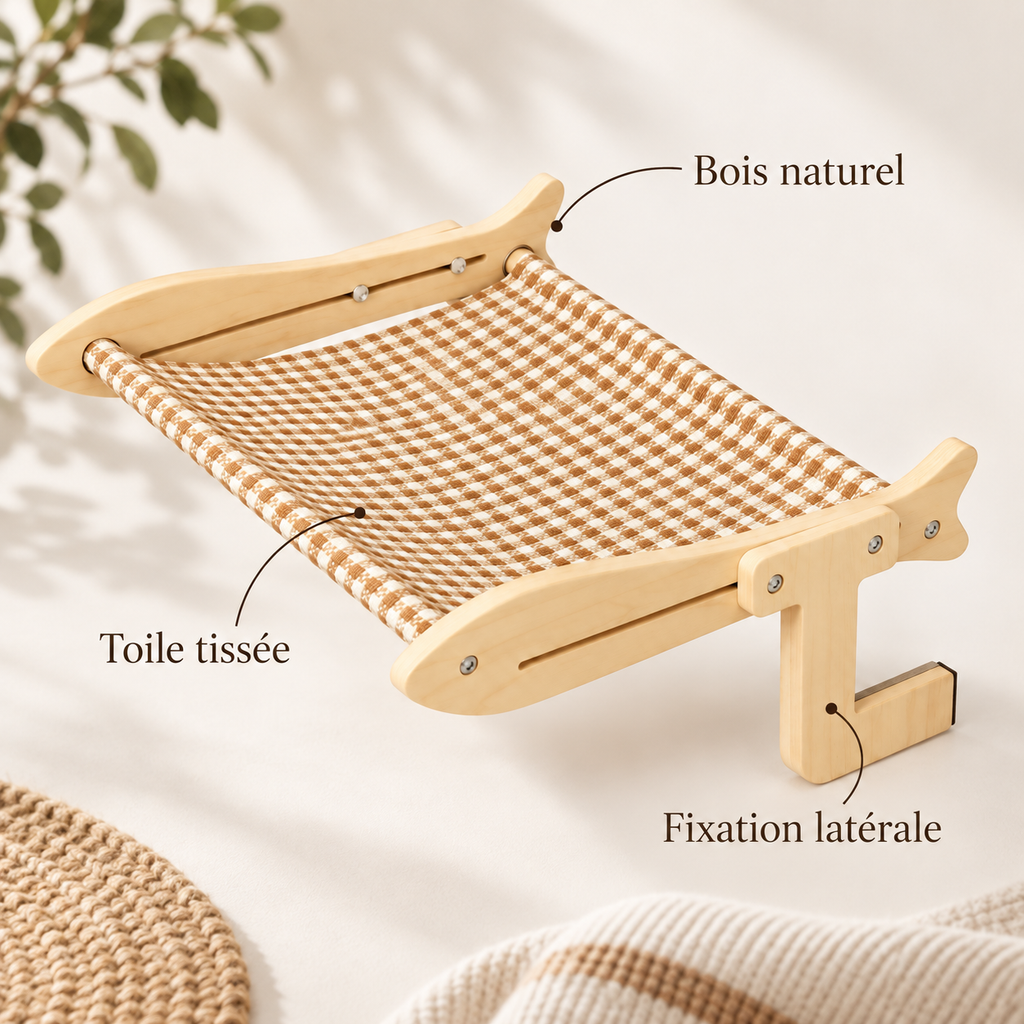 Lit suspendu en bois pour chat avec hamac en coton