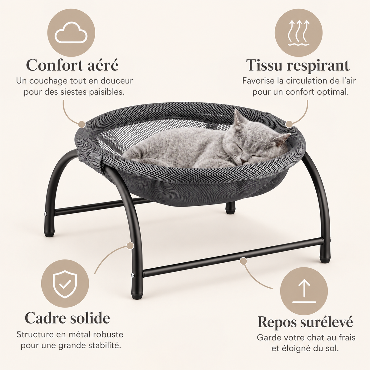 Hamac surélevé rond pour chat et petit chien