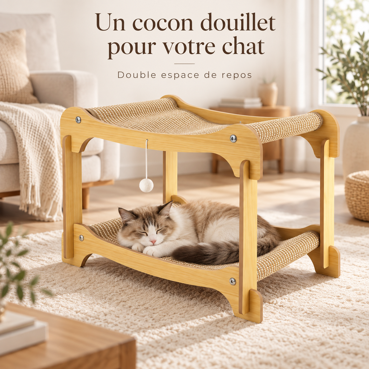 Lit-griffoir pour chat à 2 niveaux en bois et sisal