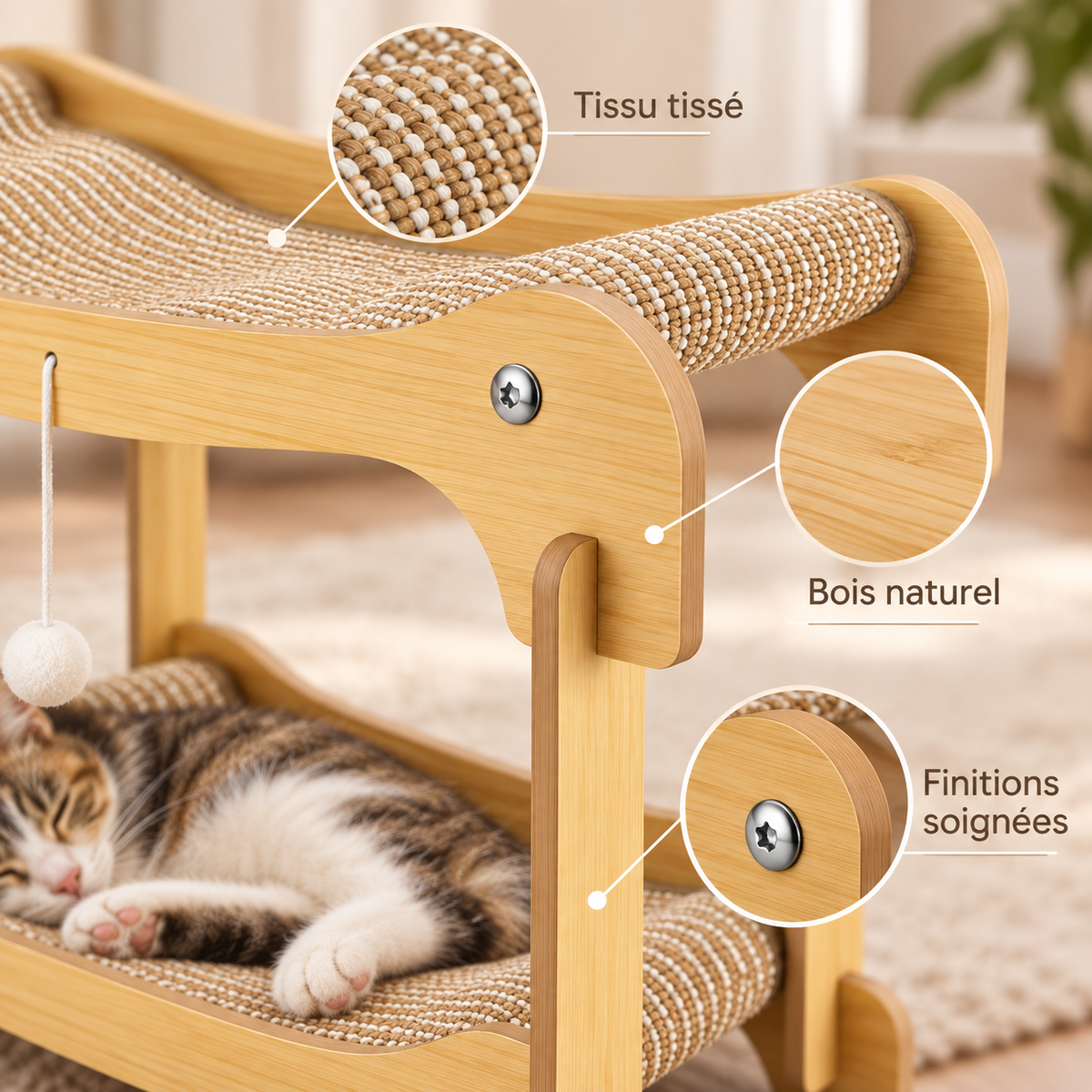 Lit-griffoir pour chat à 2 niveaux en bois et sisal
