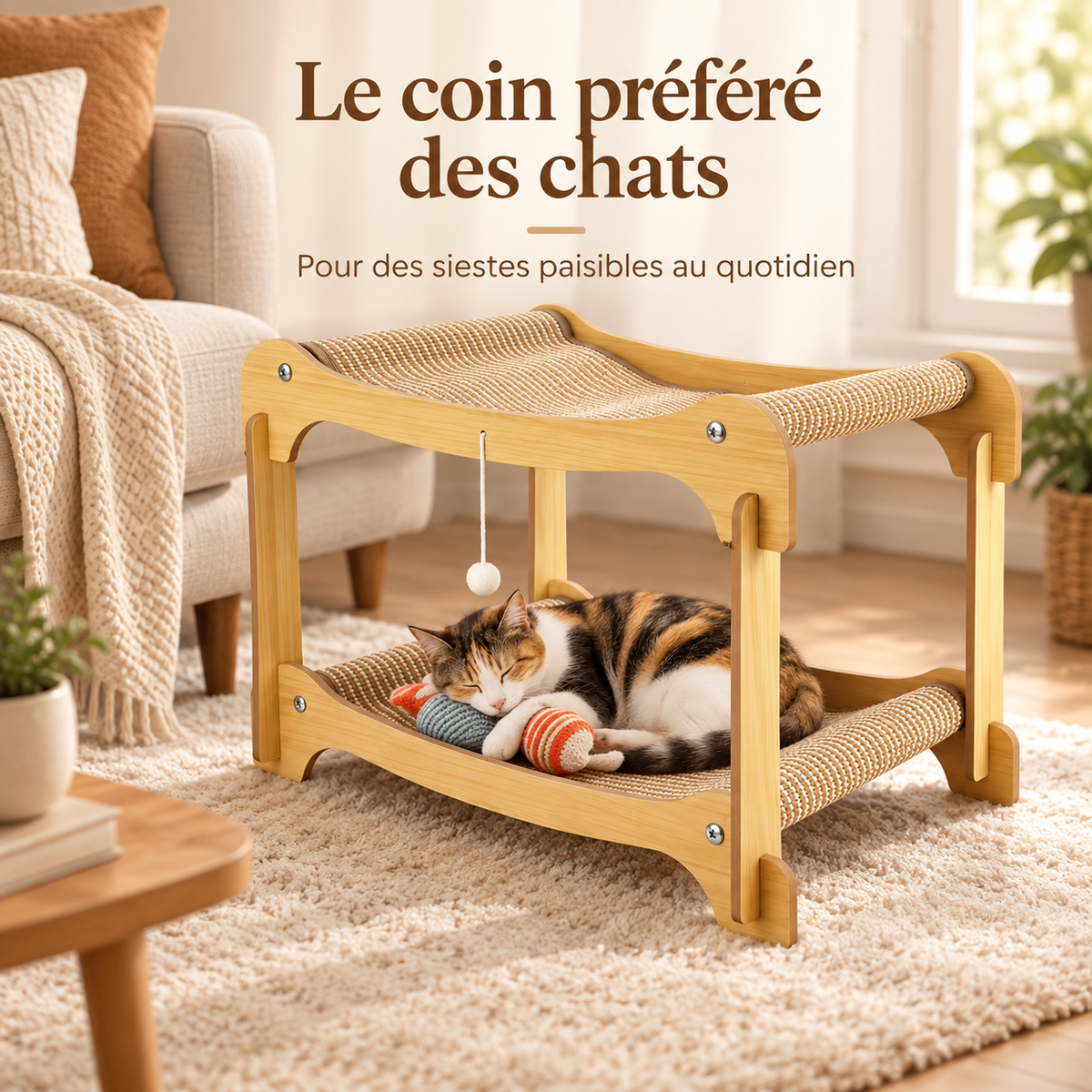 Lit-griffoir pour chat à 2 niveaux en bois et sisal