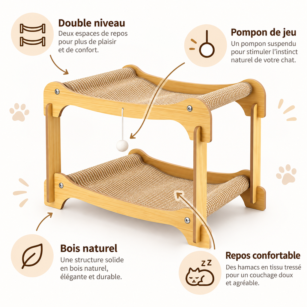 Lit-griffoir pour chat à 2 niveaux en bois et sisal