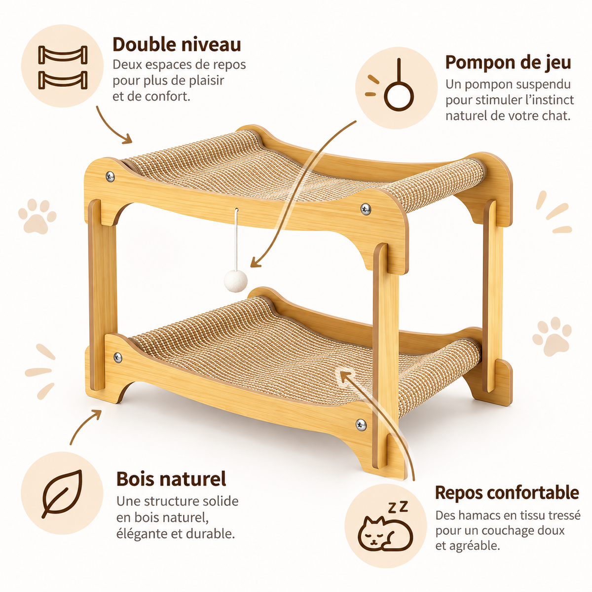 Lit-griffoir pour chat à 2 niveaux en bois et sisal