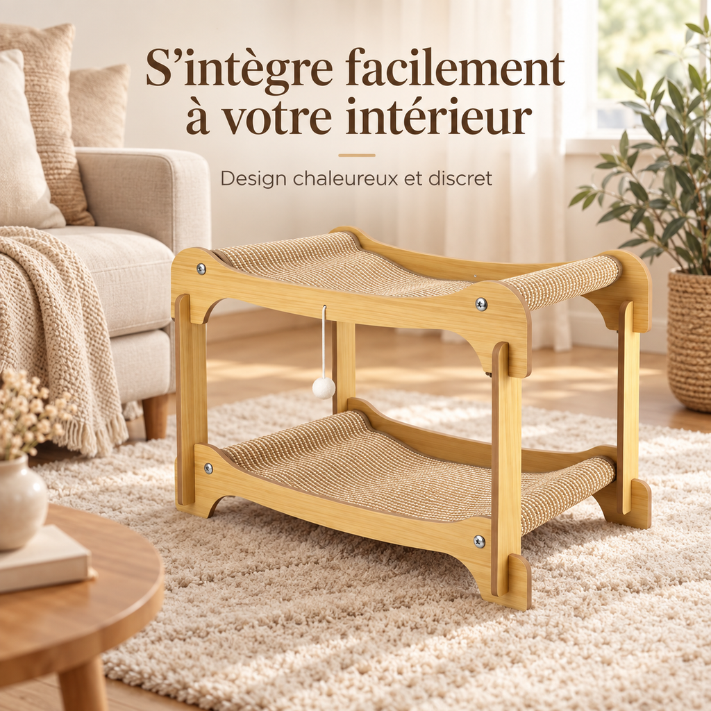 Lit-griffoir pour chat à 2 niveaux en bois et sisal
