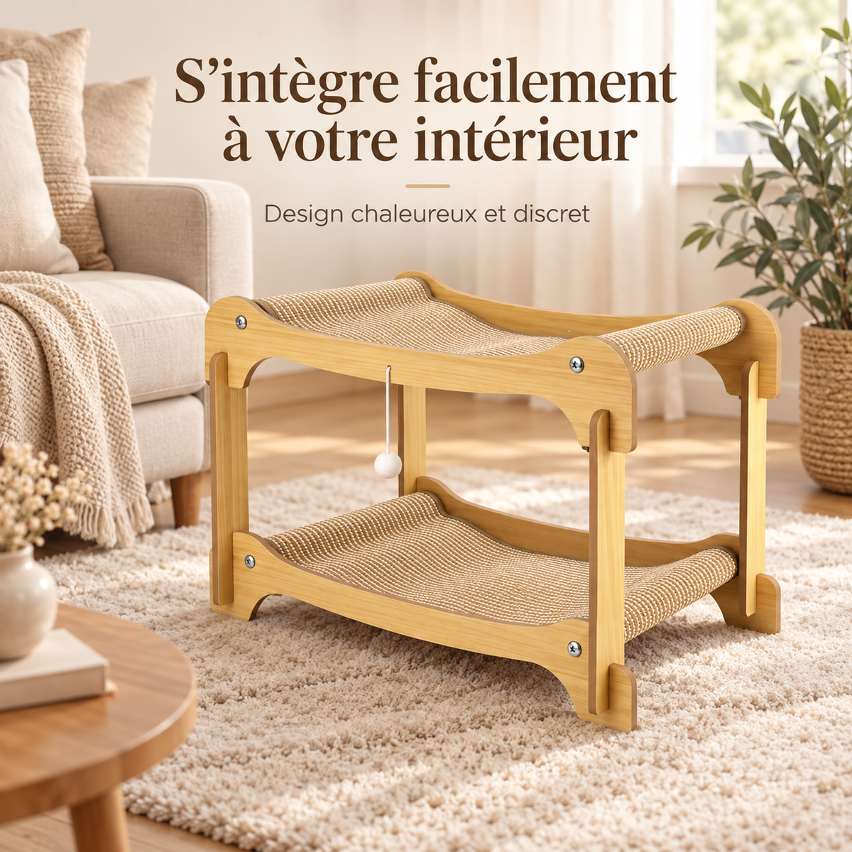 Lit-griffoir pour chat à 2 niveaux en bois et sisal