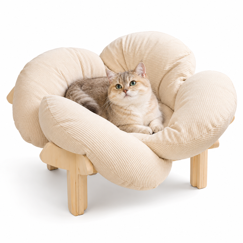 Lit surélevé en bois pour chat avec coussin moelleux
