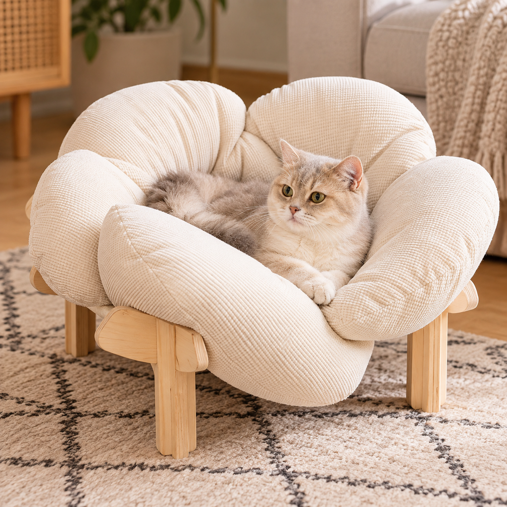 Lit surélevé en bois pour chat avec coussin moelleux