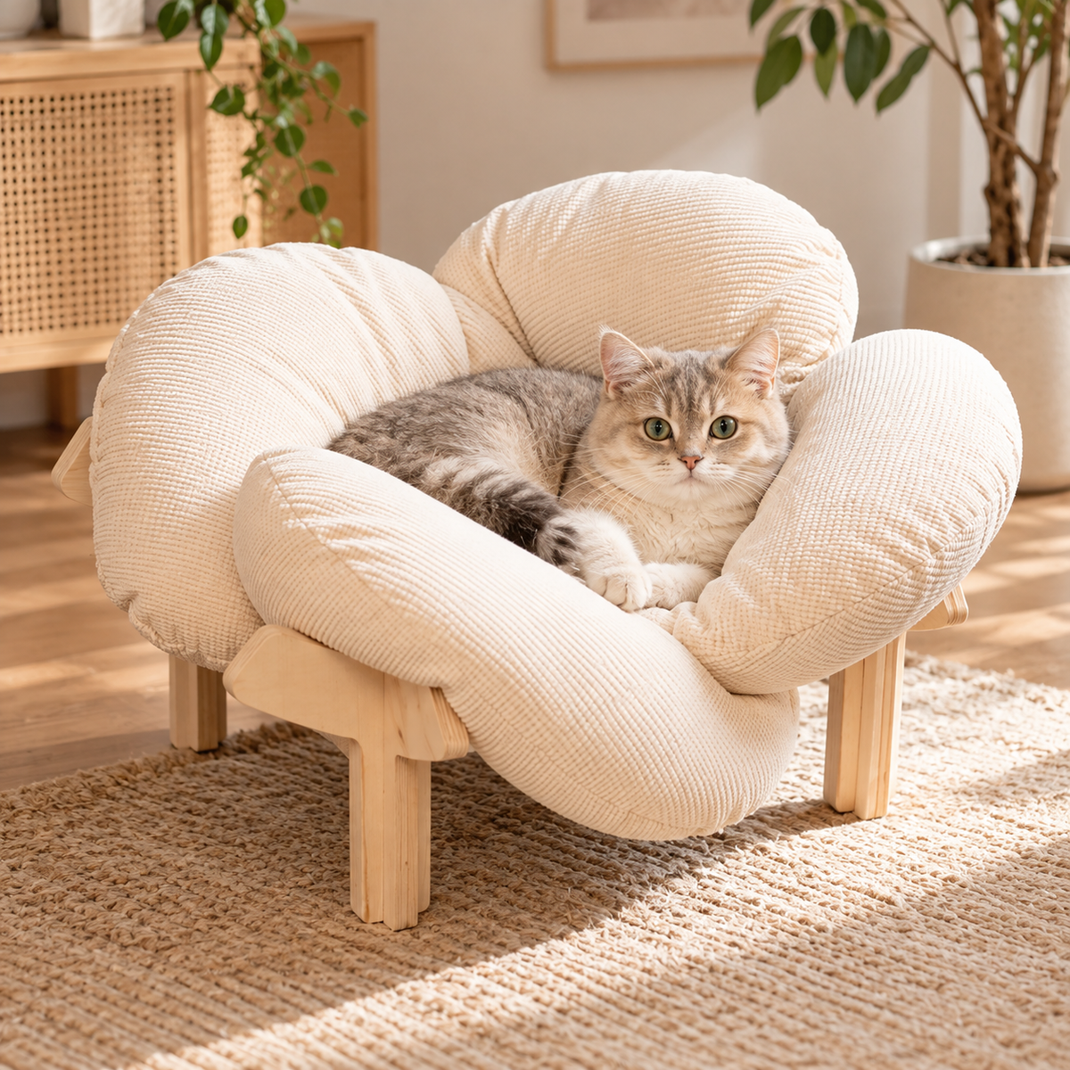 Lit surélevé en bois pour chat avec coussin moelleux