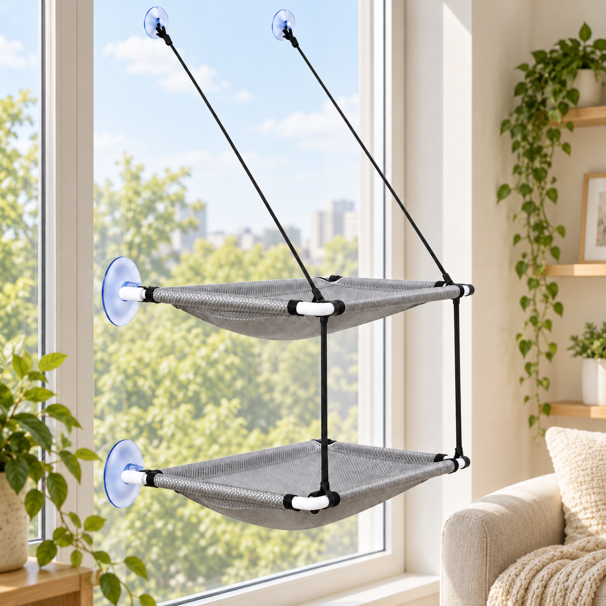Hamac de fenêtre double niveau pour chat avec ventouses