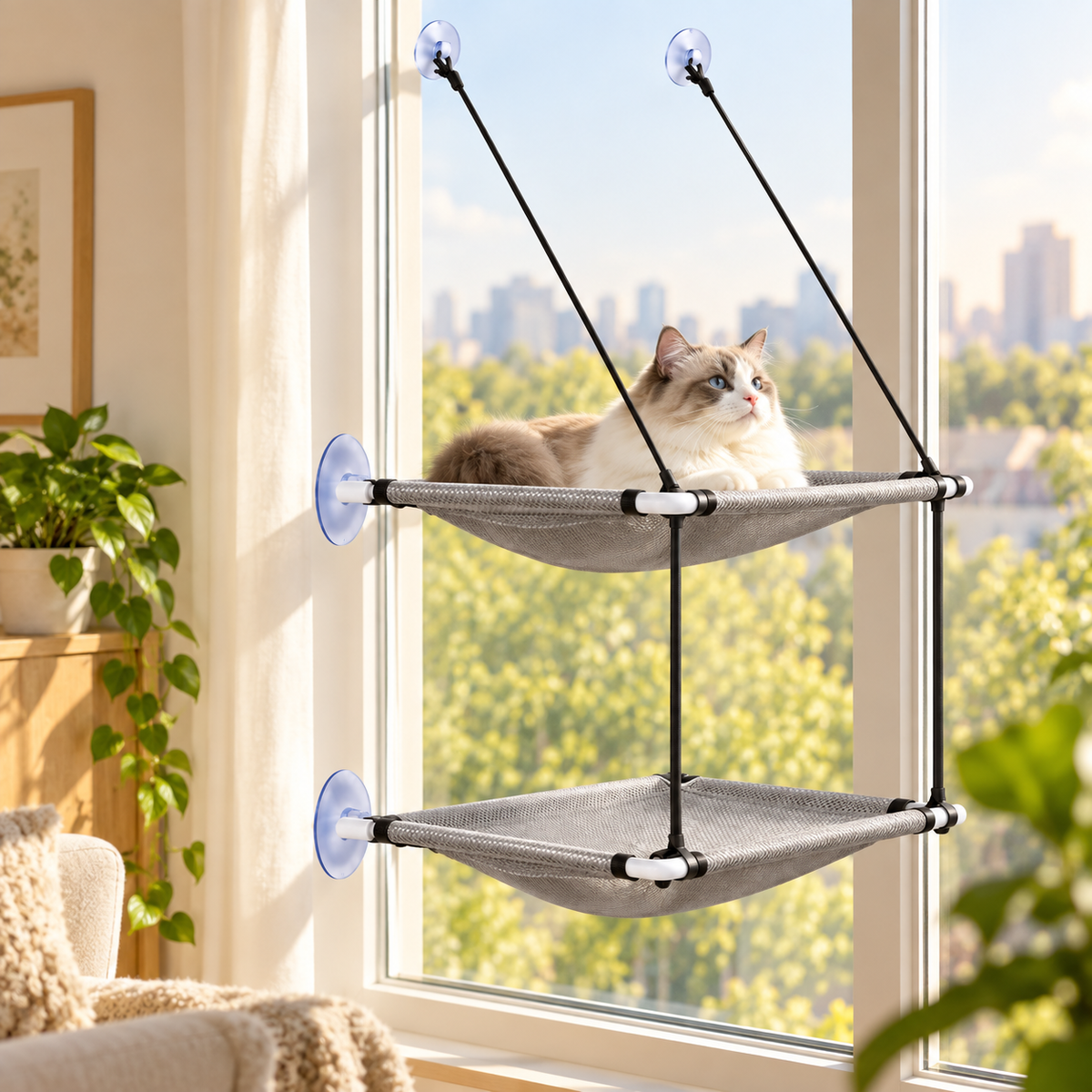 Hamac de fenêtre double niveau pour chat avec ventouses