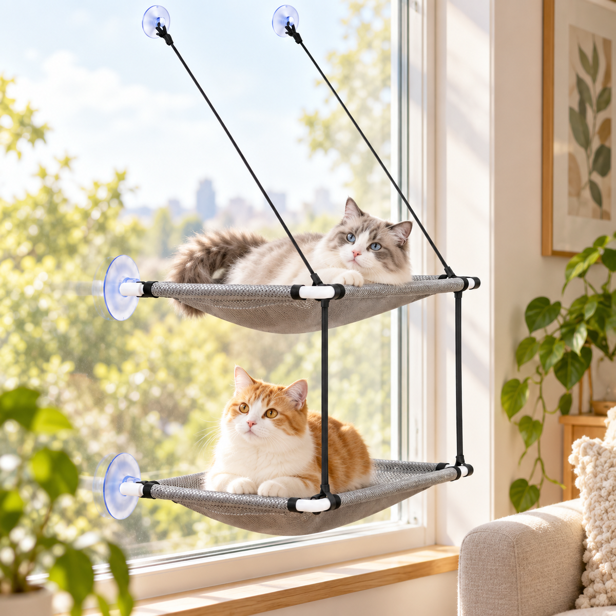 Hamac de fenêtre double niveau pour chat avec ventouses