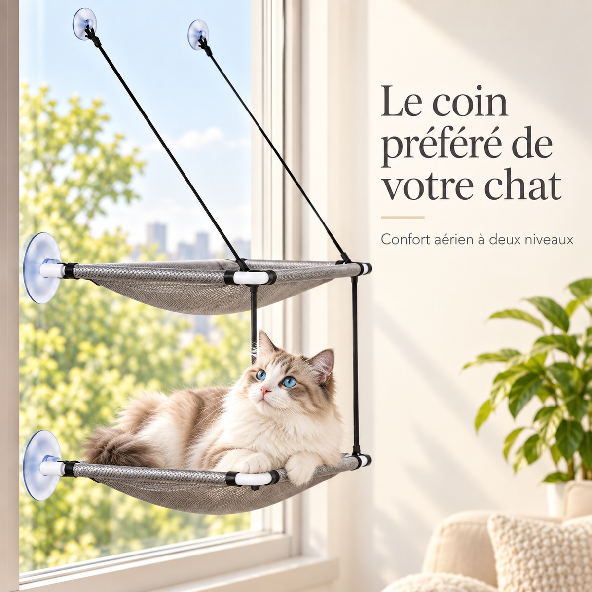 Hamac de fenêtre double niveau pour chat avec ventouses