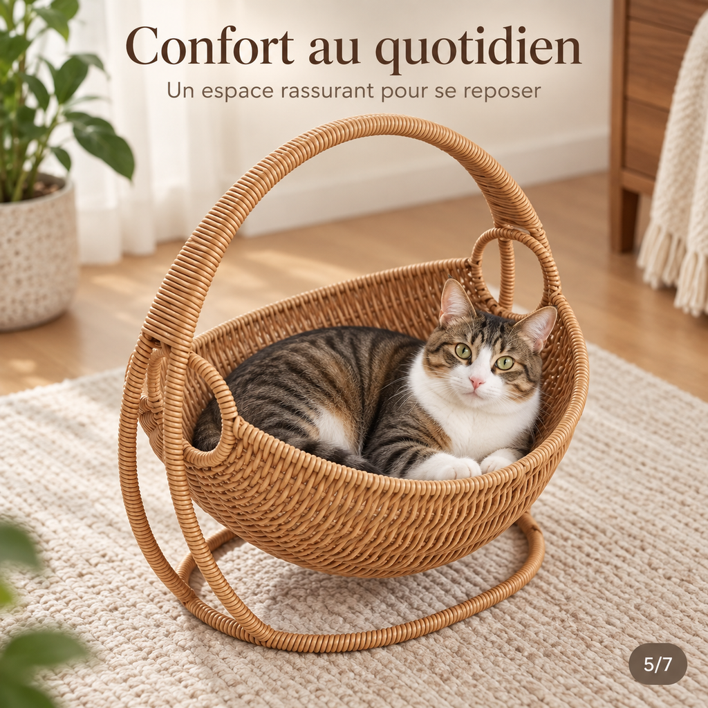 Lit suspendu effet rotin pour chat avec support