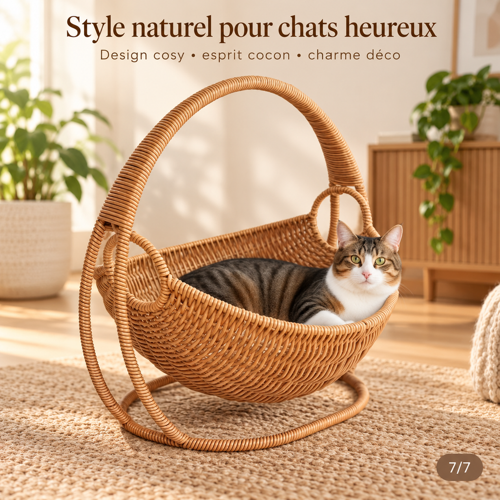 Lit suspendu effet rotin pour chat avec support