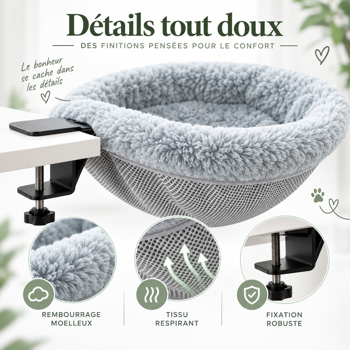 Lit hamac pliable pour chat à fixer au bureau