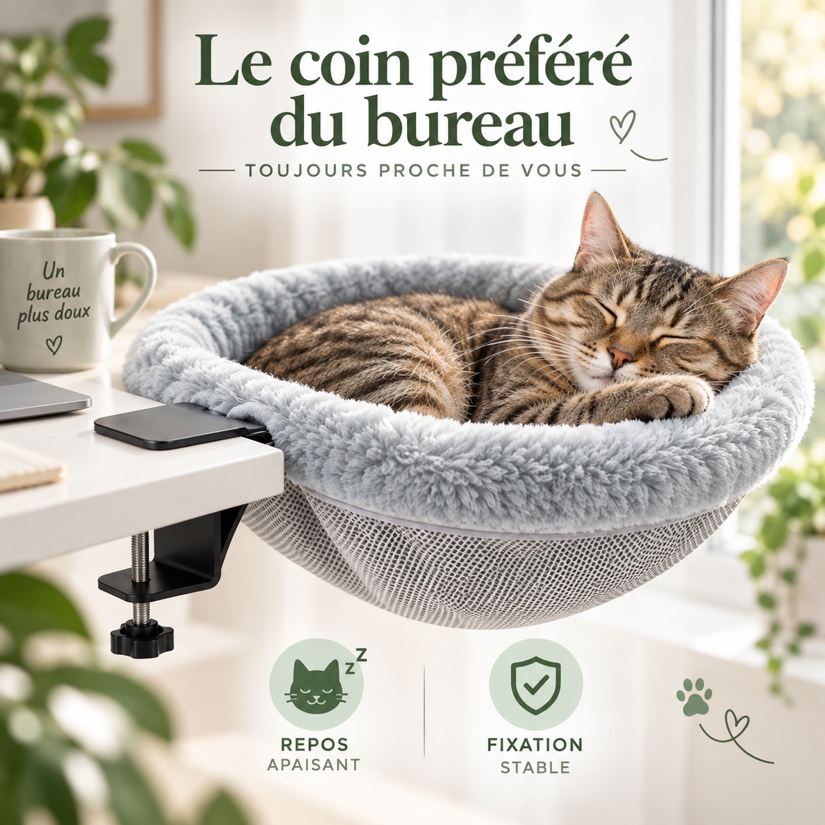 Lit hamac pliable pour chat à fixer au bureau