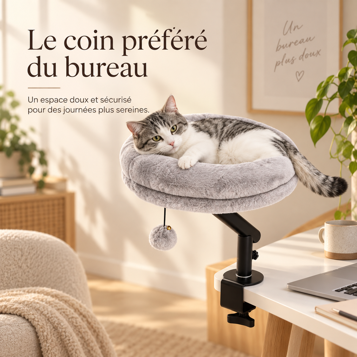 Lit perchoir rotatif pour chat à fixer au bureau