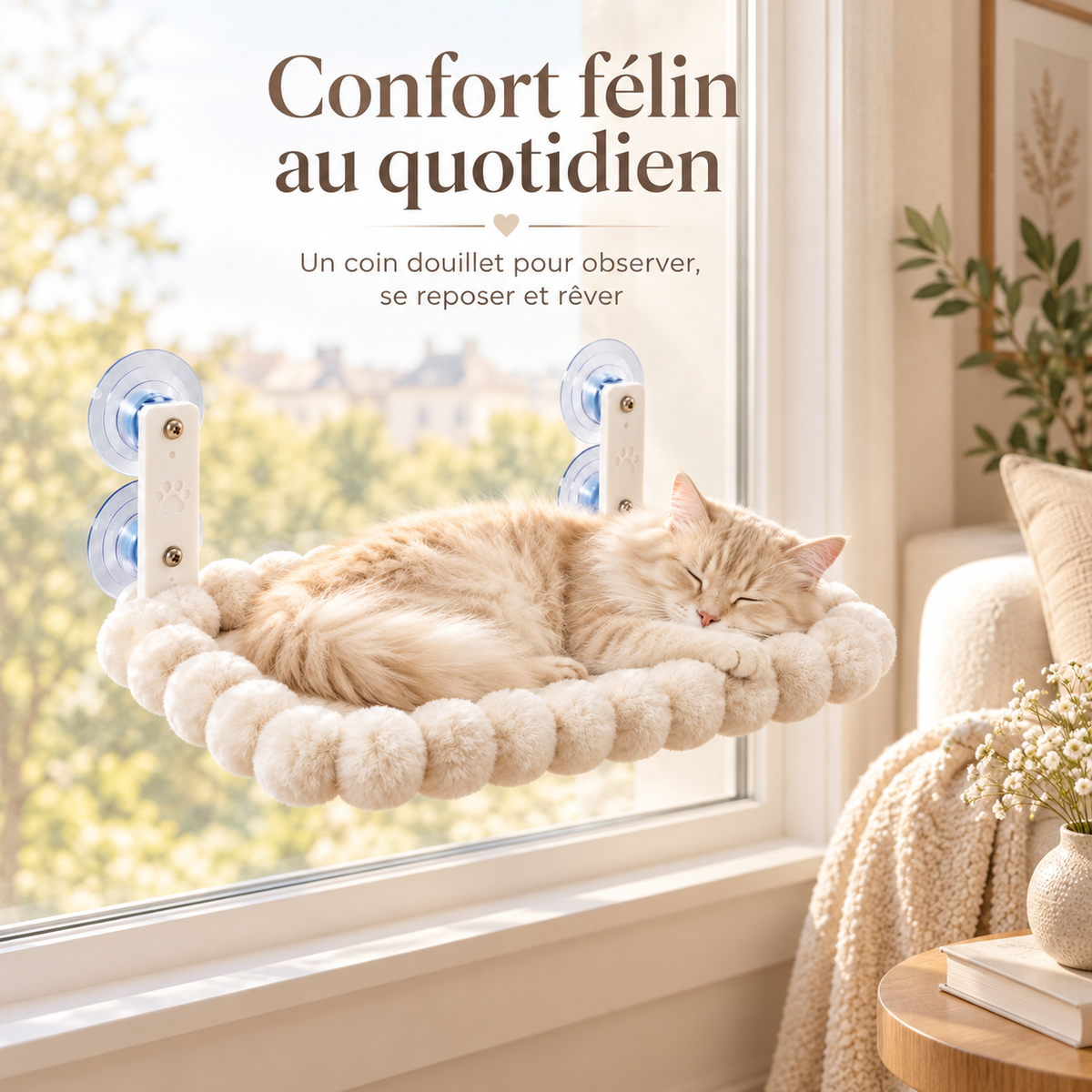 Hamac de fenêtre moelleux pour chat avec ventouses