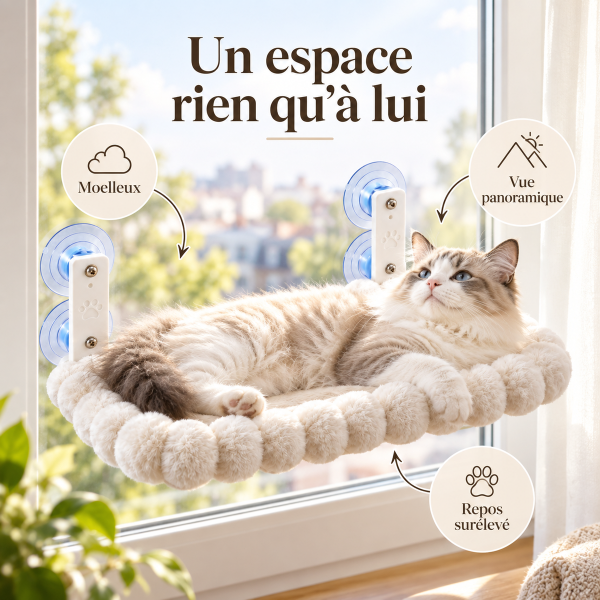 Hamac de fenêtre moelleux pour chat avec ventouses