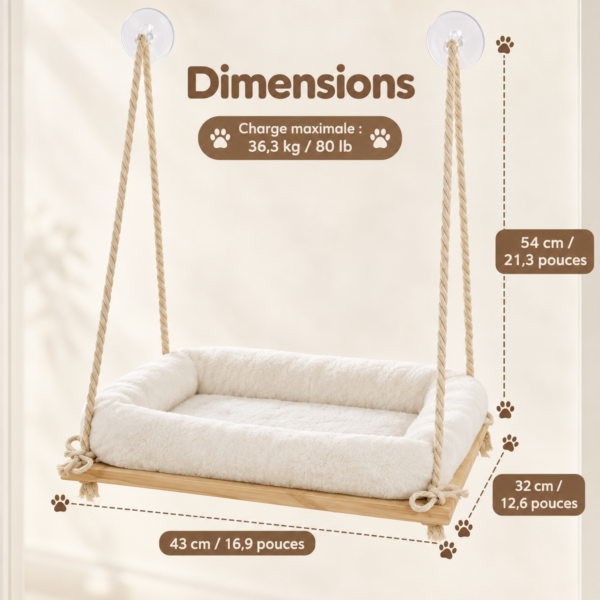 Perchoir de fenêtre en bambou pour chat avec coussin