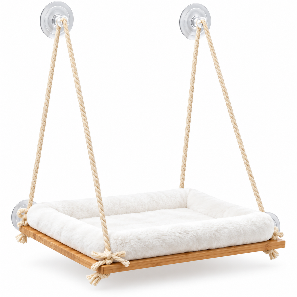 Perchoir de fenêtre en bambou pour chat avec coussin