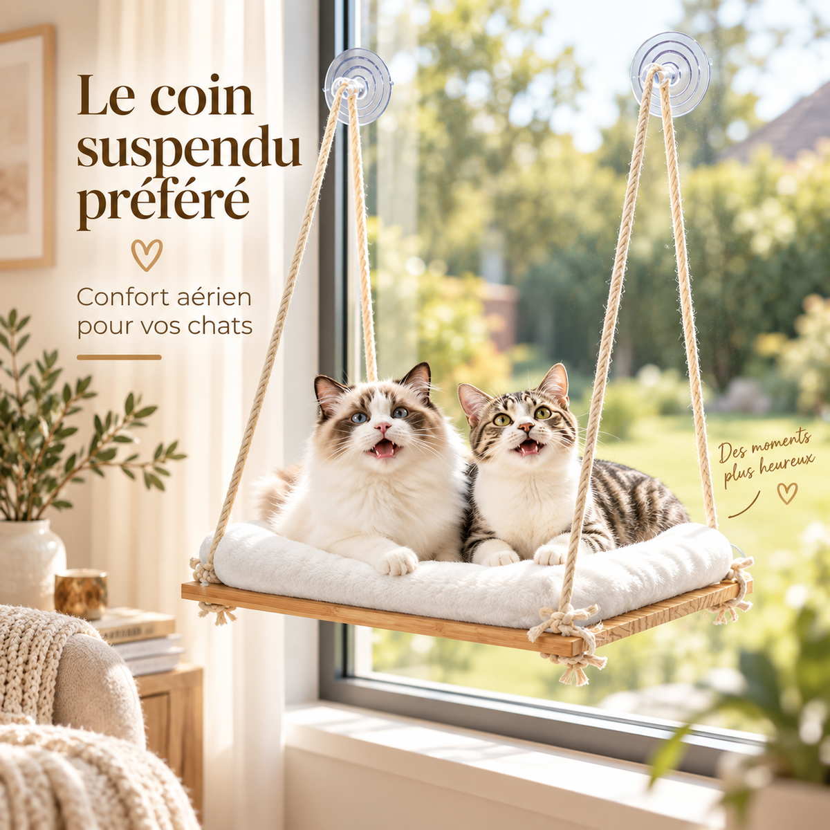 Perchoir de fenêtre en bambou pour chat avec coussin