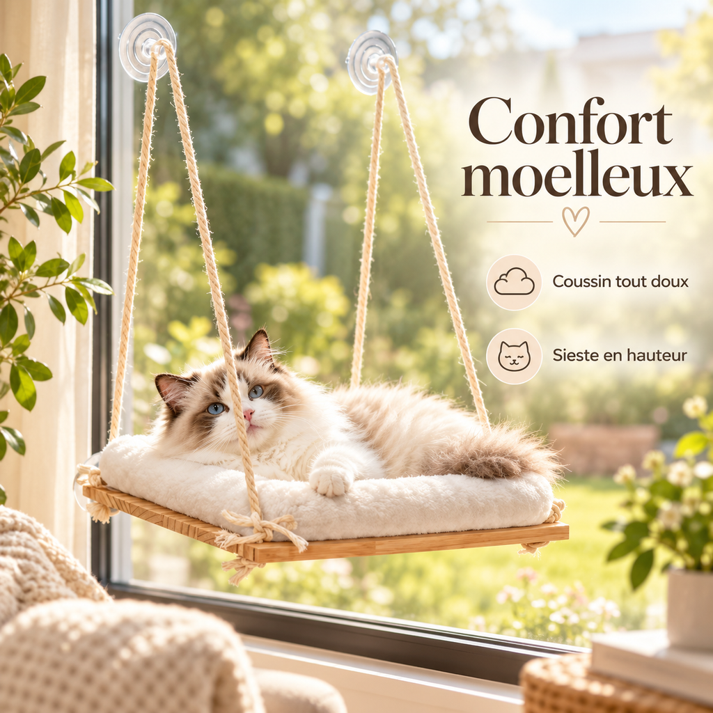 Perchoir de fenêtre en bambou pour chat avec coussin